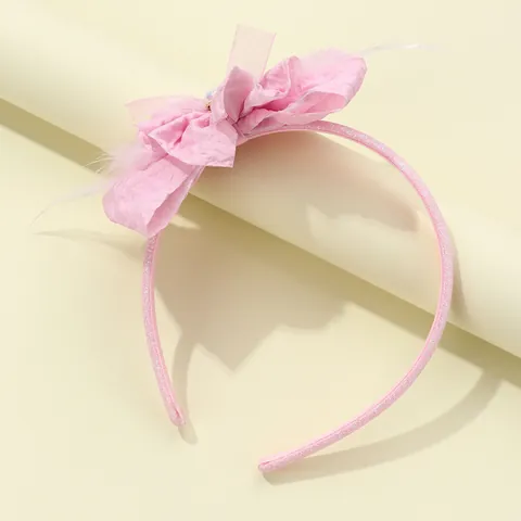 Kids Pink Pleated Fabric Bow Hairband With Feather Pearl Crown Heart Decor Sweet Princess Glitter Headband For Girls Hair Accessories