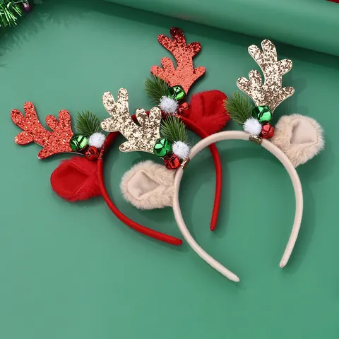 Christmas Reindeer Antler Headband With Bells Glitter Fur Ball Pine Needle Festive Party Hair Accessory For Kids