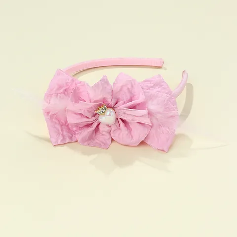 Kids Pink Pleated Fabric Bow Hairband With Feather Pearl Crown Heart Decor Sweet Princess Glitter Headband For Girls Hair Accessories
