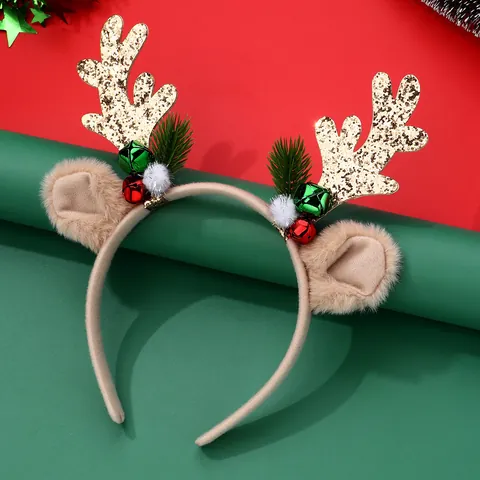 Christmas Reindeer Antler Headband With Bells Glitter Fur Ball Pine Needle Festive Party Hair Accessory For Kids