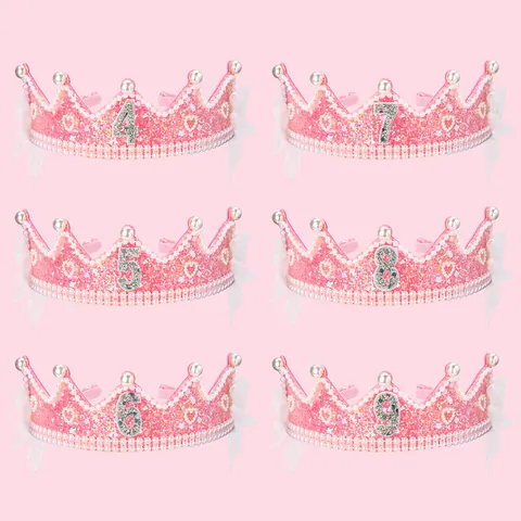 Kids Pink Glitter Crown Headband For Girls Birthday Party Hair Accessories With Faux Artificial Pearls Lace Bow Number Birthday Headwear