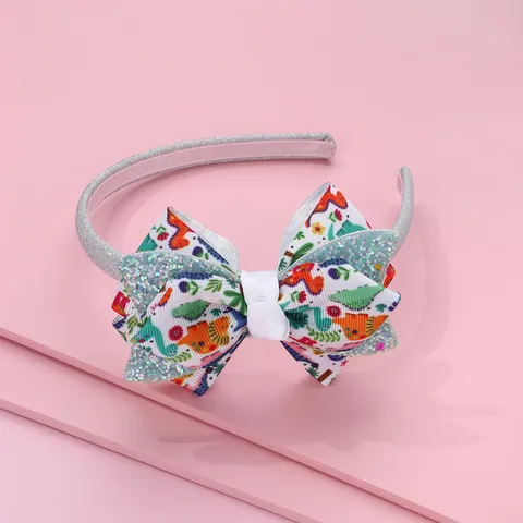 Cerchietto Dolce Per Bambini Con Fiocco Motivo Dinosauro Cartoon Glitter Paillettes Fascia Decorativa Per Ragazze Accessori Capelli Antiscivolo