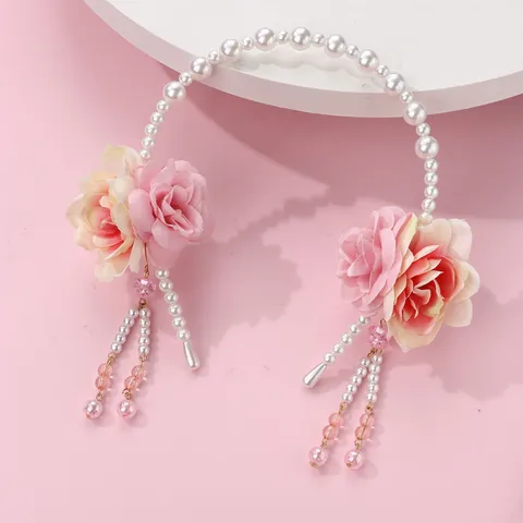 Vintage Faux Pearl Flower Tassel Headband For Women Fairy Pink Rose Fabric Floral Hair Band Hanfu Costume Hair Accessory