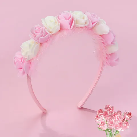Diadema de Flores de Rosa Dulce para Niñas Rosa Blanco Floral de Tela con Borde de Encaje de Malla para Fiesta de Princesa