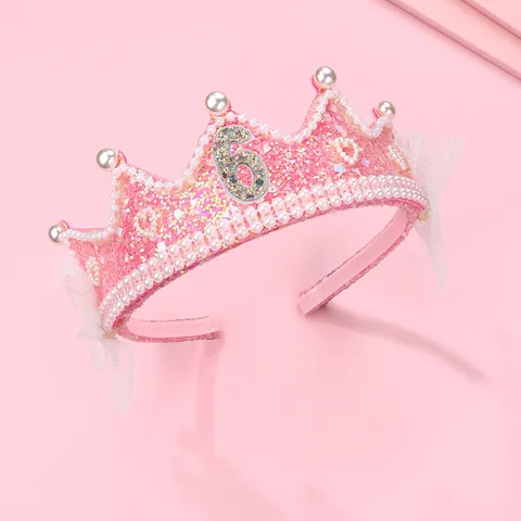 Kids Pink Glitter Crown Headband For Girls Birthday Party Hair Accessories With Faux Artificial Pearls Lace Bow Number Birthday Headwear