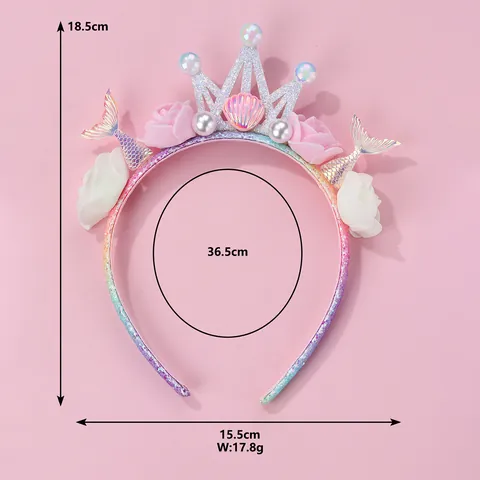 Mermaid Tail Princess Crown Flower Headband For Kids Girls Glitter Shell Pearl Hair Accessories For Birthday Party Costume