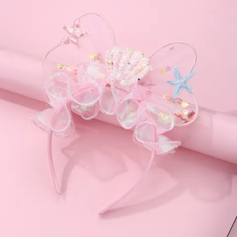 Dreamy Mermaid Mesh Bow Headband For Girls Pink Sequins Starfish Shell Princess Performance Hair Accessories Non-Slip Hair Hoop