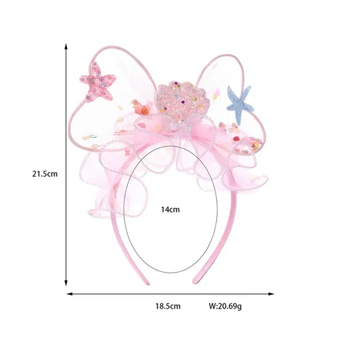 Dreamy Mermaid Mesh Bow Headband For Girls Pink Sequins Starfish Shell Princess Performance Hair Accessories Non-Slip Hair Hoop