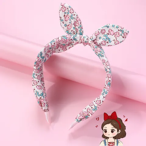 Sweet Floral Fabric Headband With Rabbit Ear Bow Knot Non-Slip Hair Accessory For Girls Women Daily Hairband