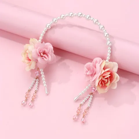 Vintage Faux Pearl Flower Tassel Headband For Women Fairy Pink Rose Fabric Floral Hair Band Hanfu Costume Hair Accessory
