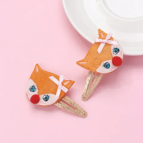 Lindas Pinzas para el Cabello de Zorro de Dibujos Animados para Niños de Tela de Peluche Bordado con Lazo de Cinta Rosa Oro Brillo Clip BB