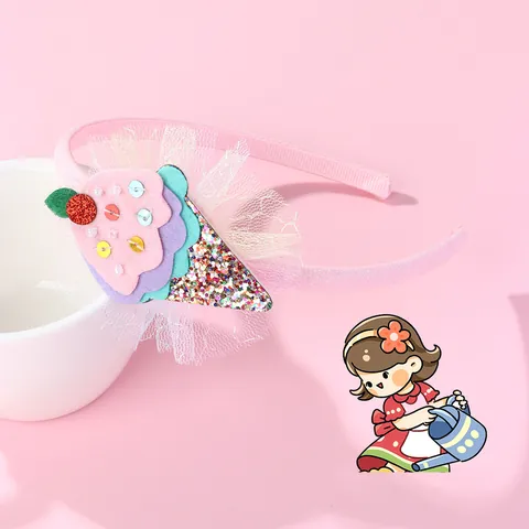 Sweet Kids Pink Ice Cream Headband With Mesh Lace Sequins Glitter Cute Girls Hair Accessories For Party Performance Decor