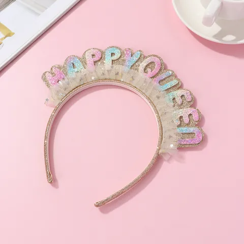 Happy Queen Letter Sequins Headband With Mesh Lace Sweet Glitter Rainbow Letter Hairband For Birthday Party Celebration Hair Accessories