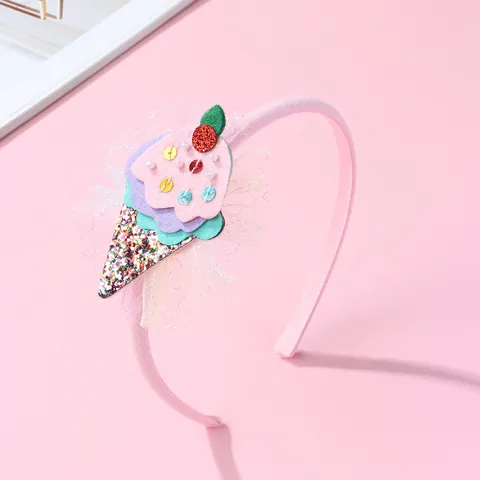Sweet Kids Pink Ice Cream Headband With Mesh Lace Sequins Glitter Cute Girls Hair Accessories For Party Performance Decor