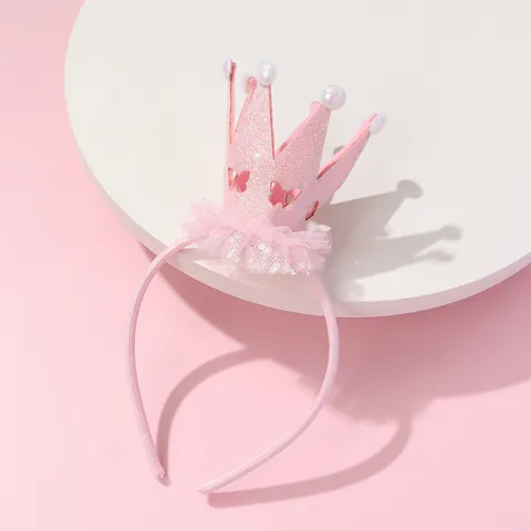 Serre-tête Couronne à Paillettes Rose Enfants Dentelle Maille Papillon Design Künstliche Perle Accessoires Cheveux Princesse Pour Fête