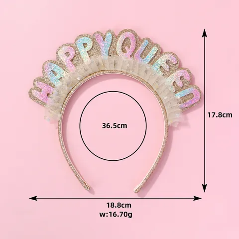 Happy Queen Letter Sequins Headband With Mesh Lace Sweet Glitter Rainbow Letter Hairband For Birthday Party Celebration Hair Accessories