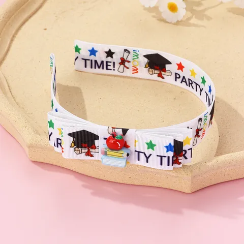 Fabric Bow Headband For Girls Academy Style Graduation Season School Theme Hair Accessory With Doctoral Cap Pencil Apple Pattern