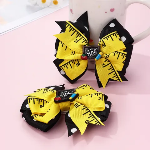Schul-Thema Schleife Haarspangen Lineal Muster ABC Tafel Bücher Apfel Design Preppy Band Entenschnabel Clips Für Mädchen