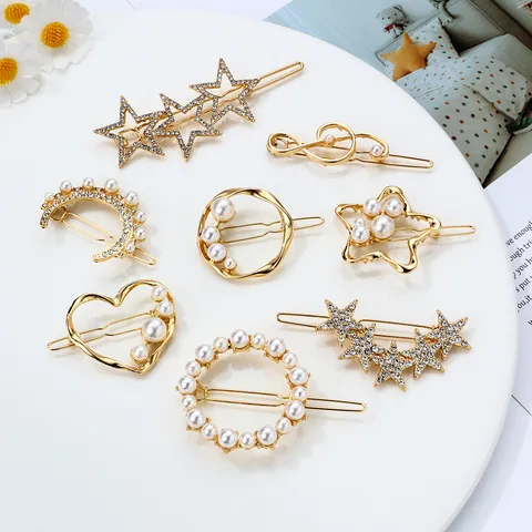 Pince à Cheveux Brillante Étoile Lune Alliage Plaqué Or Fausse Künstliche Perle Clip Latéral Décoratif Bijoux de Cheveux Mode Femmes Filles