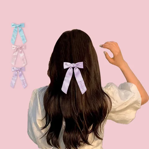 Süße Satin Schleife Haarspangen Für Damen Mädchen Rosa Blau Lila Best Friend Stickerei Lange Band Streamer Entenschnabelklemmen