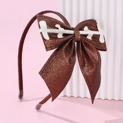 American Football Theme Glitter Bow Headband Brown Sparkly Hairband With White Stitches For Super Bowl Party Women Kids Hair Accessories