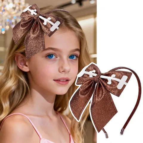 American Football Theme Glitter Bow Headband Brown Sparkly Hairband With White Stitches For Super Bowl Party Women Kids Hair Accessories