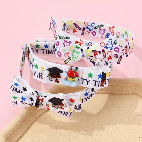 Fabric Bow Headband For Girls Academy Style Graduation Season School Theme Hair Accessory With Doctoral Cap Pencil Apple Pattern