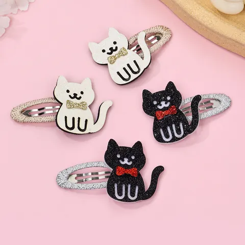 Cartoon Cat Hair Clips For Girls Cute Glitter Sequin Bowknot BB Clips Black White Animal Pattern Sweet Hair Accessories