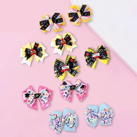 Pinces à Cheveux Nœud de Rentrée Scolaire pour Filles Cadeau de Fête des Professeurs ABC Crayon Pomme Thème Remise des Diplômes Accessoires de Cheveux en Ruban Gros-Grain