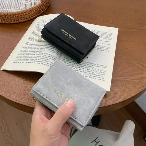 Women Minimalist Frosted PU Leather Small Wallet Three Fold Coin Purse With Gold Letter Bronzing Daily Short Card Holder