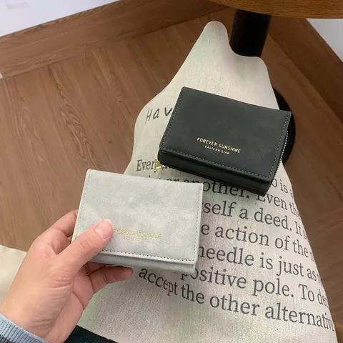 Women Minimalist Frosted PU Leather Small Wallet Three Fold Coin Purse With Gold Letter Bronzing Daily Short Card Holder