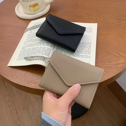 Women Litchi Grain Small Wallet Envelope Mini Purse With Silver Chain Korean Style Solid Color Folding Card Holder