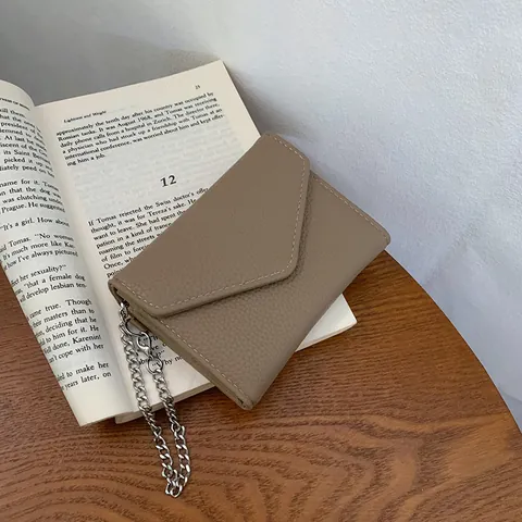 Women Litchi Grain Small Wallet Envelope Mini Purse With Silver Chain Korean Style Solid Color Folding Card Holder
