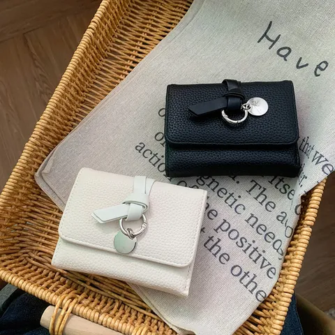 Women Mini Trifold Wallet PU Leather Pebble Grain Purse With Knot Decor Metal Pendant Snap Closure Daily Card Holder