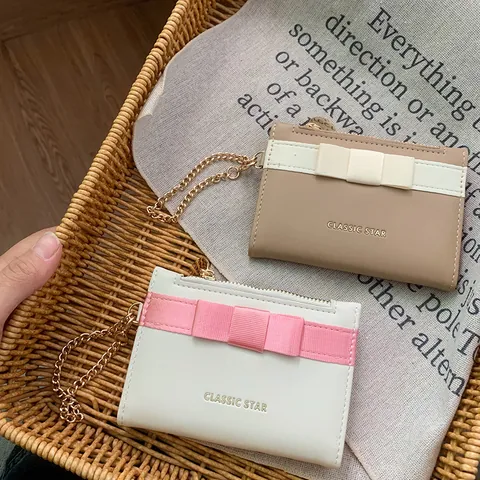 Women Bowknot PU Leather Card Holder Mini Wallet With Zipper Coin Purse Metal Chain Sweet Temperament Commuter Small Purse