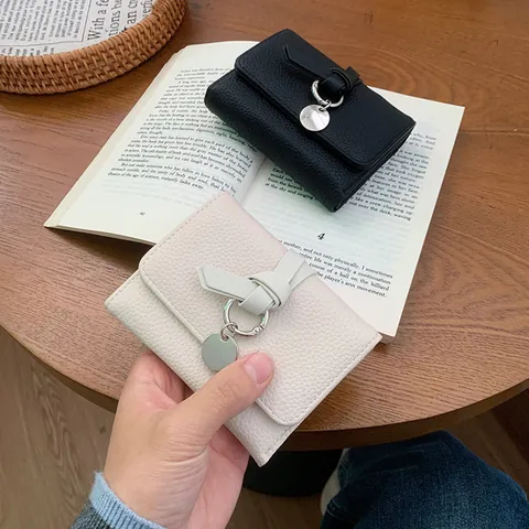 Women Mini Trifold Wallet PU Leather Pebble Grain Purse With Knot Decor Metal Pendant Snap Closure Daily Card Holder
