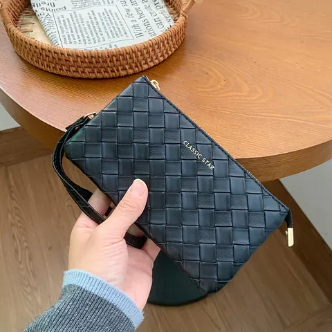 Classico Portafoglio da Polso in Pelle PU Intrecciata per Donna Tinta Unita Motivo a Diamante Cerniera Lunga Pochette Borsa Porta Carte