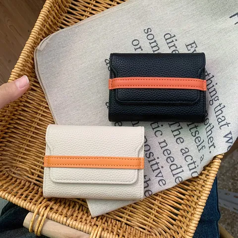 Portacarte da Donna in Pelle PU Minimalista Giapponese Portafoglio a Fisarmonica Piccolo Portamonete Con Cinturino a Contrasto