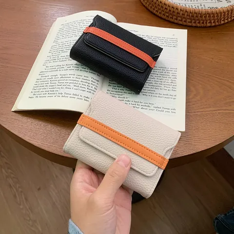 Portacarte da Donna in Pelle PU Minimalista Giapponese Portafoglio a Fisarmonica Piccolo Portamonete Con Cinturino a Contrasto