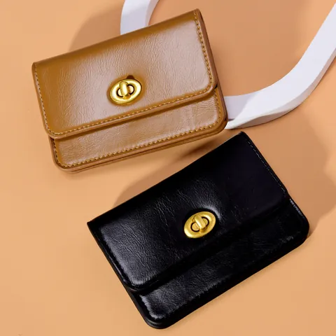 Mini Cartera de Cuero PU para Mujer Corta Delgada Tarjetero Con Cierre Giratorio de Metal Vintage Elegante Color Sólido Pequeña