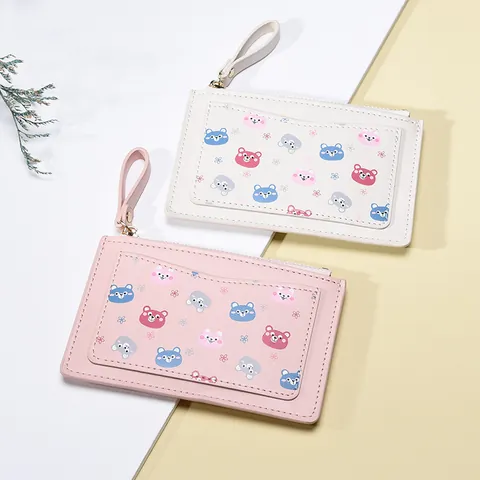 Women PU Leather Card Holder With Cartoon Bear Pattern Zip Coin Purse Small Portable Wallet For Daily Use Girls Gift