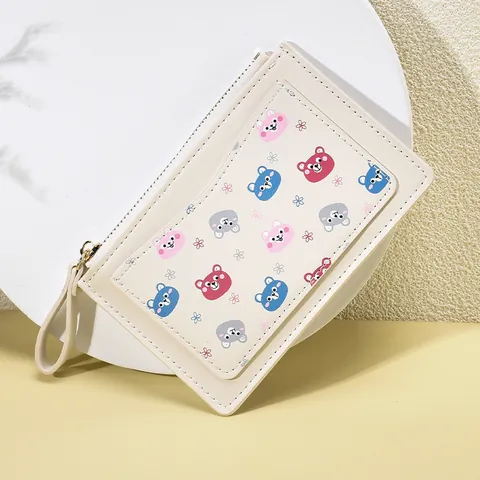 Women PU Leather Card Holder With Cartoon Bear Pattern Zip Coin Purse Small Portable Wallet For Daily Use Girls Gift
