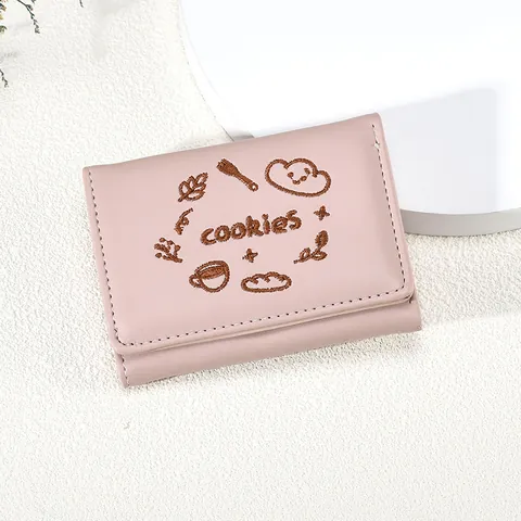 Portafoglio Corto da Donna in Pelle PU con Ricamo Cookies Carino Pieghevole Porta Carte Mini con Slot per Foto a Cuore