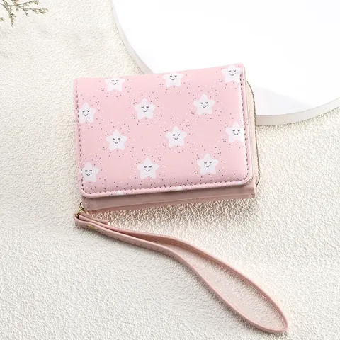 Women's Cute Smiley Star Pattern PU Leather Short Tri-Fold Wallet With Wristlet Strap Zipper Closure Fashion Card Holder Coin Purse
