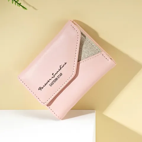 Portafoglio da Donna in Pelle PU Triplo Lembo a Busta Patchwork Glitterato con Paillettes Piccolo Porta Carte con Stampa di Lettere