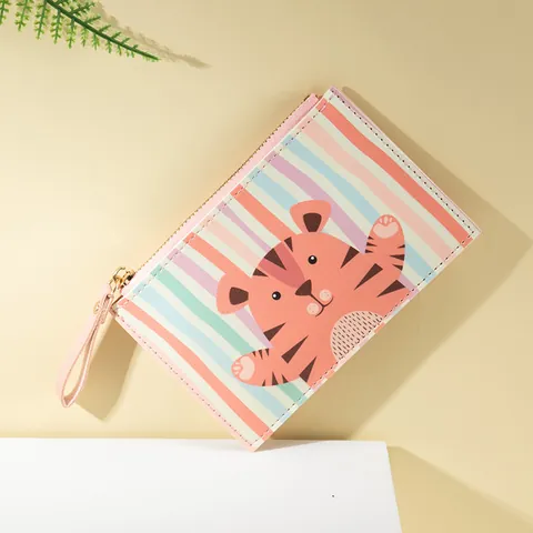 Simpatico Portacarte in Pelle PU a Righe con Animali dei Cartoni Animati Mini Portamonete con Cerniera per Donna Bambini
