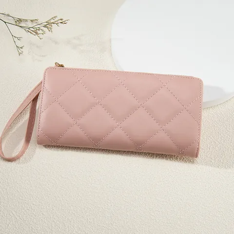Damen Rautensteppung Lange Geldbörse PU Leder Clutch Mit Handgelenkschlaufe Mehrere Kartenfächer Reißverschluss Mode Handtasche