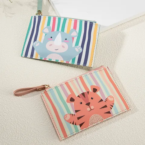 Simpatico Portacarte in Pelle PU a Righe con Animali dei Cartoni Animati Mini Portamonete con Cerniera per Donna Bambini