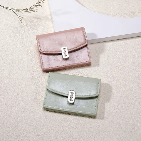 Mini Cartera de Cuero PU para Mujer Hebilla de Cuchilla de Afeitar Tarjetero Plegable Corto Color Sólido Monedero