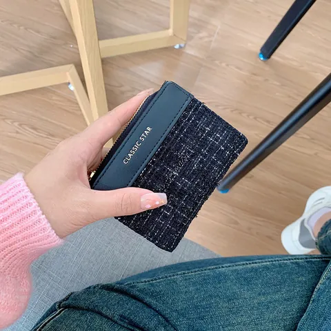 Damen Kurz Tweed PU Leder Brieftasche Gesteppte Reißverschluss Münzbörse Große Kapazität Kartenhalter Elegant Retro Mode Studentin Wallet